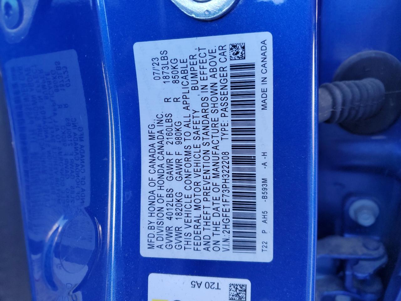 2023 HONDA CIVIC EX VIN:2HGFE1F73PH322208