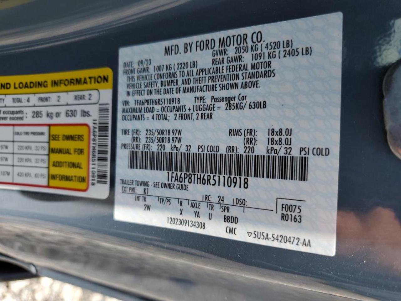 2024 FORD MUSTANG VIN:1FA6P8TH6R5110918