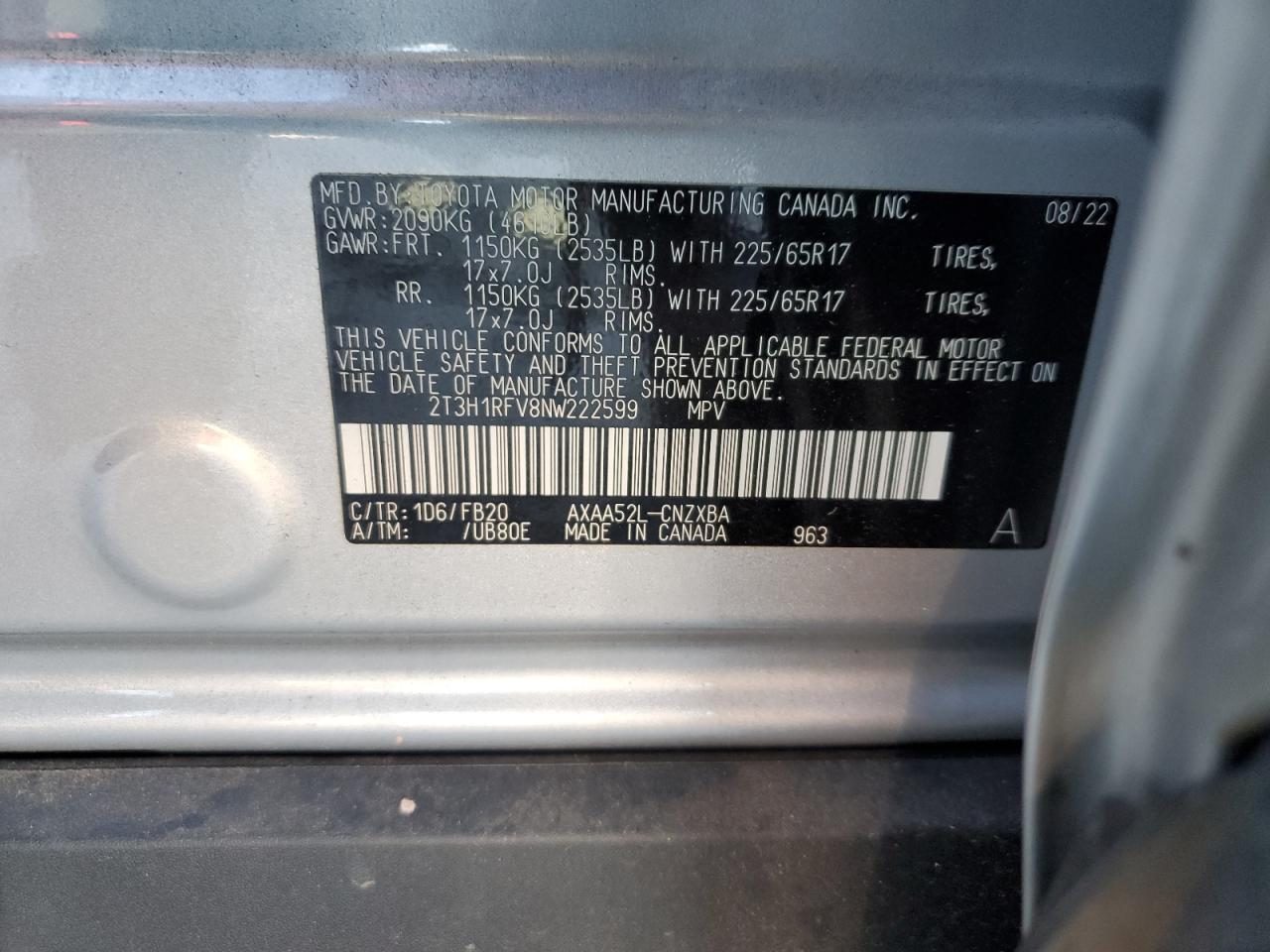 2022 TOYOTA RAV4 LE VIN:2T3H1RFV8NW222599