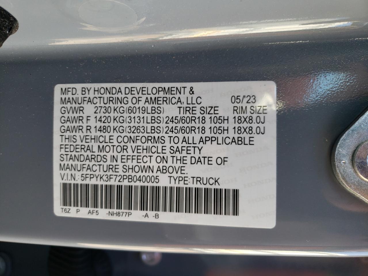 2023 HONDA RIDGELINE RTL-E VIN:5FPYK3F72PB040005