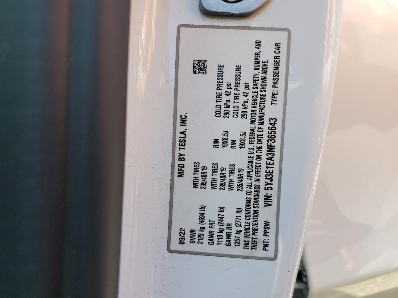 2022 TESLA MODEL 3 VIN:5YJ3E1EA3NF365643
