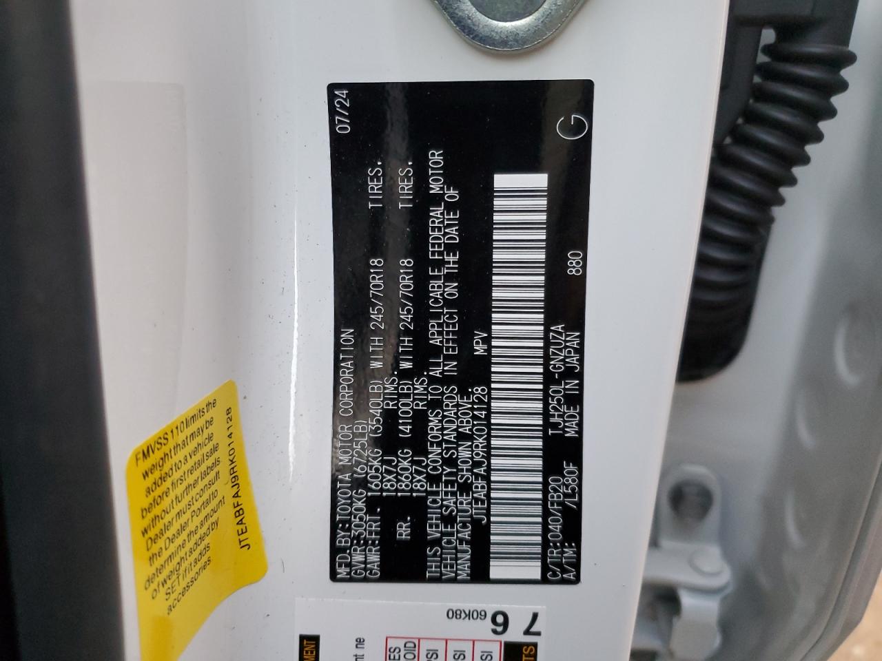 2024 TOYOTA LAND CRUISER BASE VIN:JTEABFAJ9RK014128