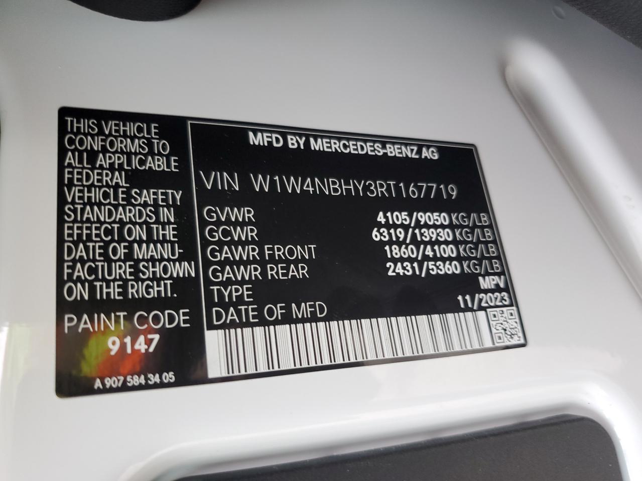 2024 MERCEDES-BENZ SPRINTER 2500 VIN:W1W4NBHY3RT167719