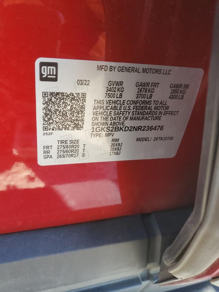 2022 GMC YUKON SLT VIN:1GKS2BKD2NR236476
