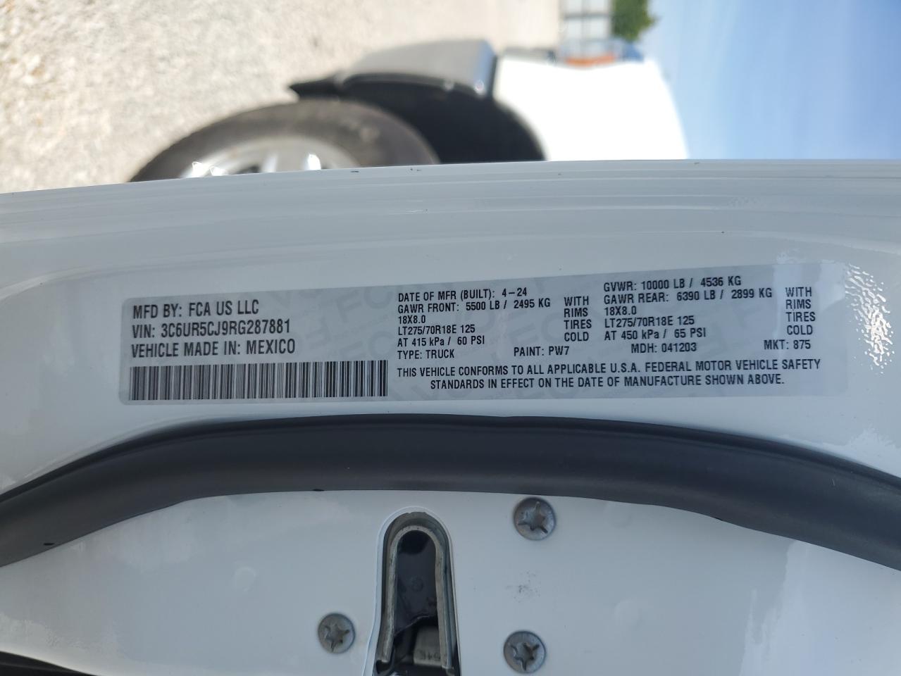 2024 RAM 2500 TRADESMAN VIN:3C6UR5CJ9RG287881