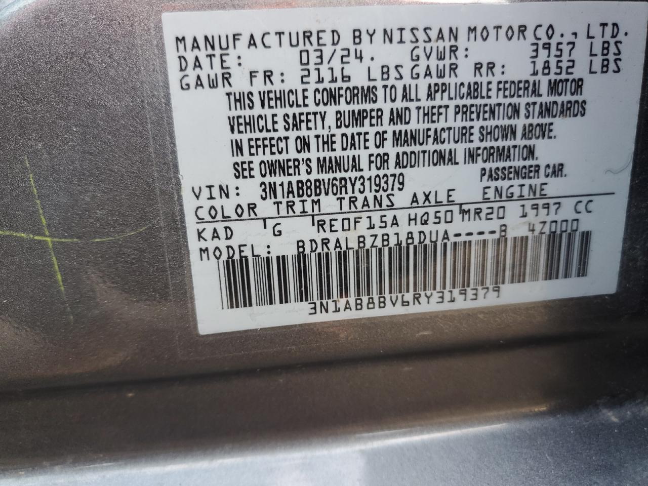 2024 NISSAN SENTRA S VIN:3N1AB8BV6RY319379