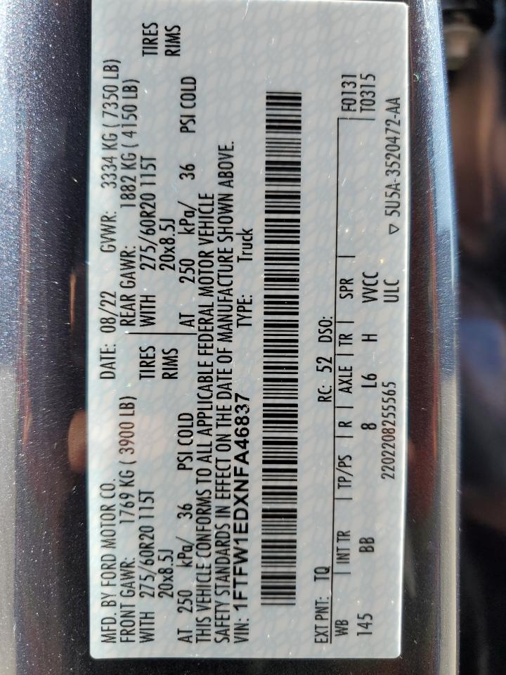 2022 FORD F150 SUPERCREW VIN:1FTFW1EDXNFA46837