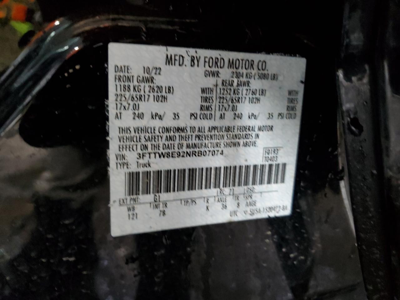 2022 FORD MAVERICK XL VIN:3FTTW8E92NRB07074