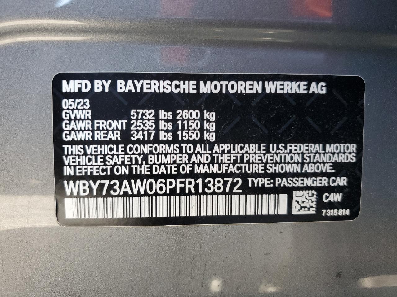 2023 BMW I4 EDRIVE 40 VIN:WBY73AW06PFR13872