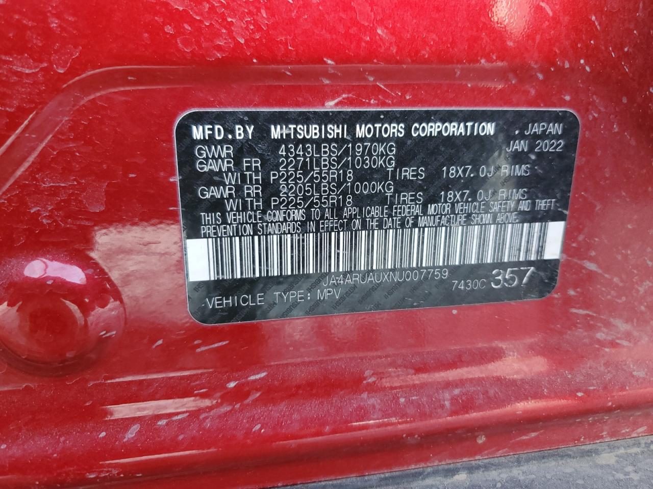 2022 MITSUBISHI OUTLANDER SPORT ES VIN:JA4ARUAUXNU007759