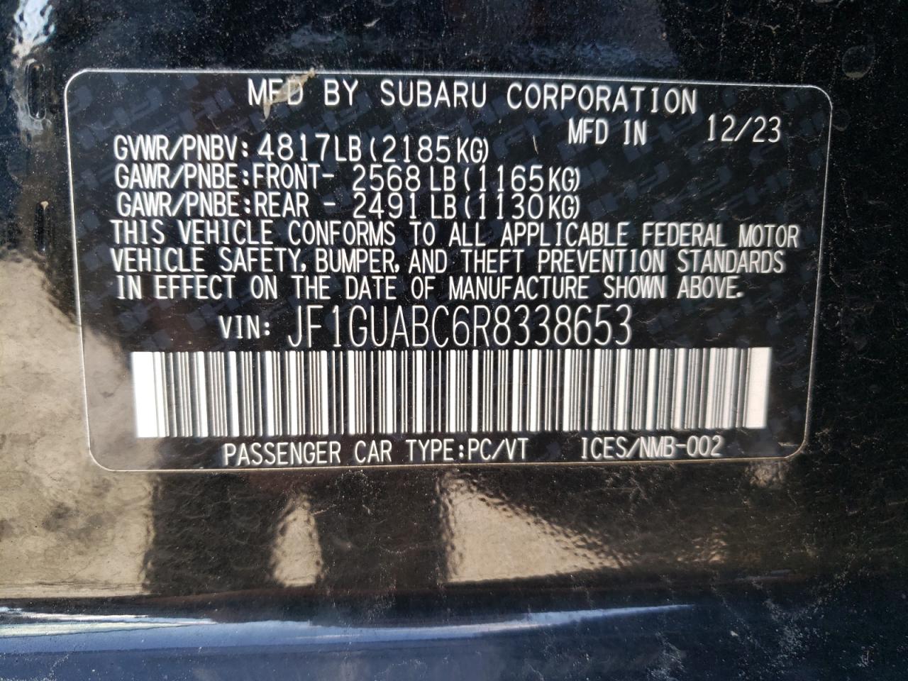 2024 SUBARU IMPREZA VIN:JF1GUABC6R8338653