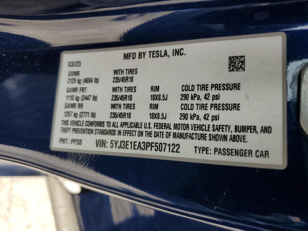 2023 TESLA MODEL 3 VIN:5YJ3E1EA3PF507122