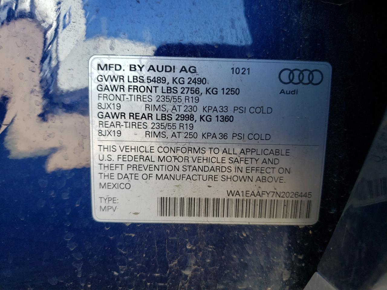 2022 AUDI Q5 PREMIUM PLUS 45 VIN:WA1EAAFY7N2026445