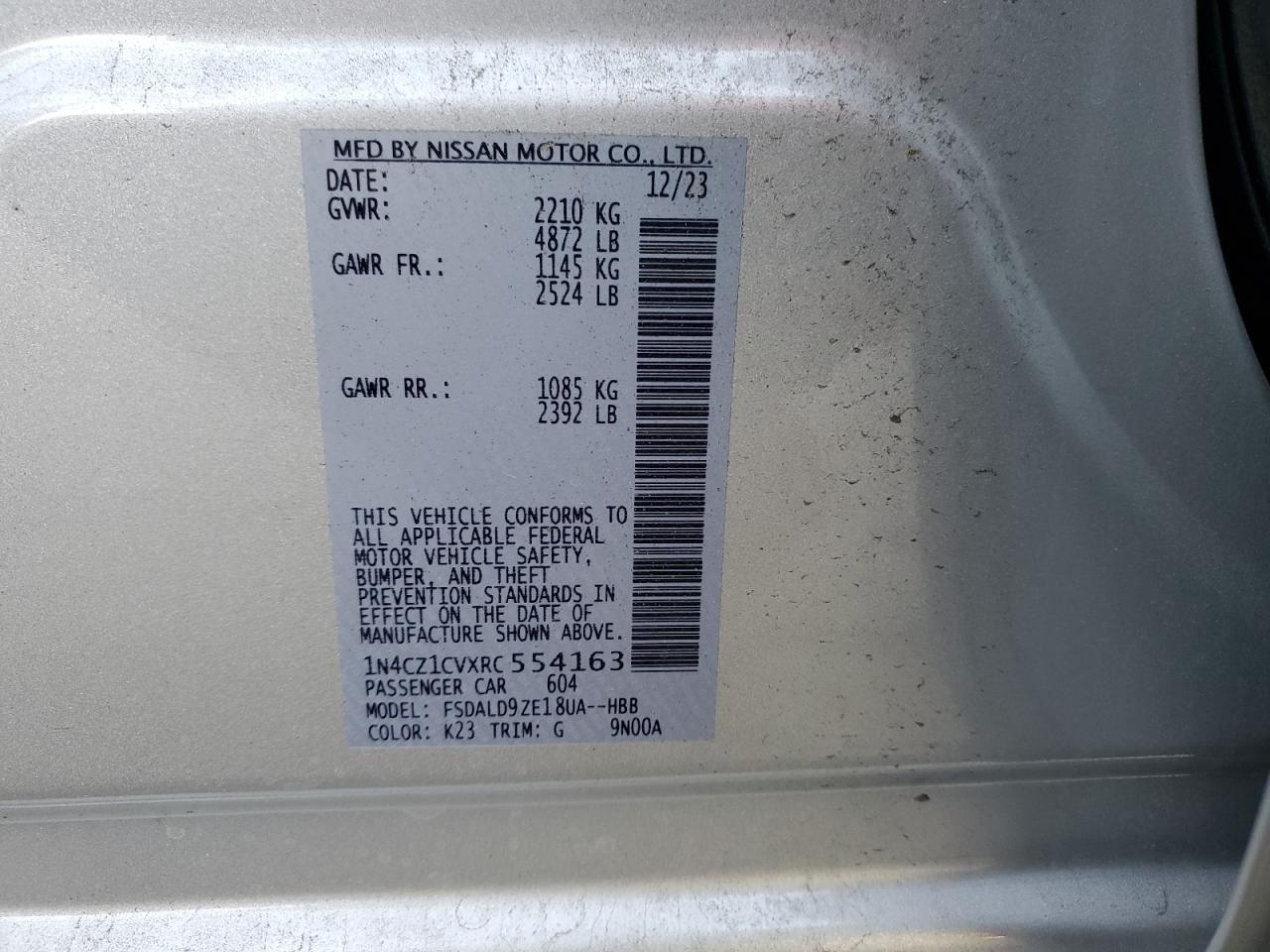 2024 NISSAN LEAF SV PLUS VIN:1N4CZ1CVXRC554163