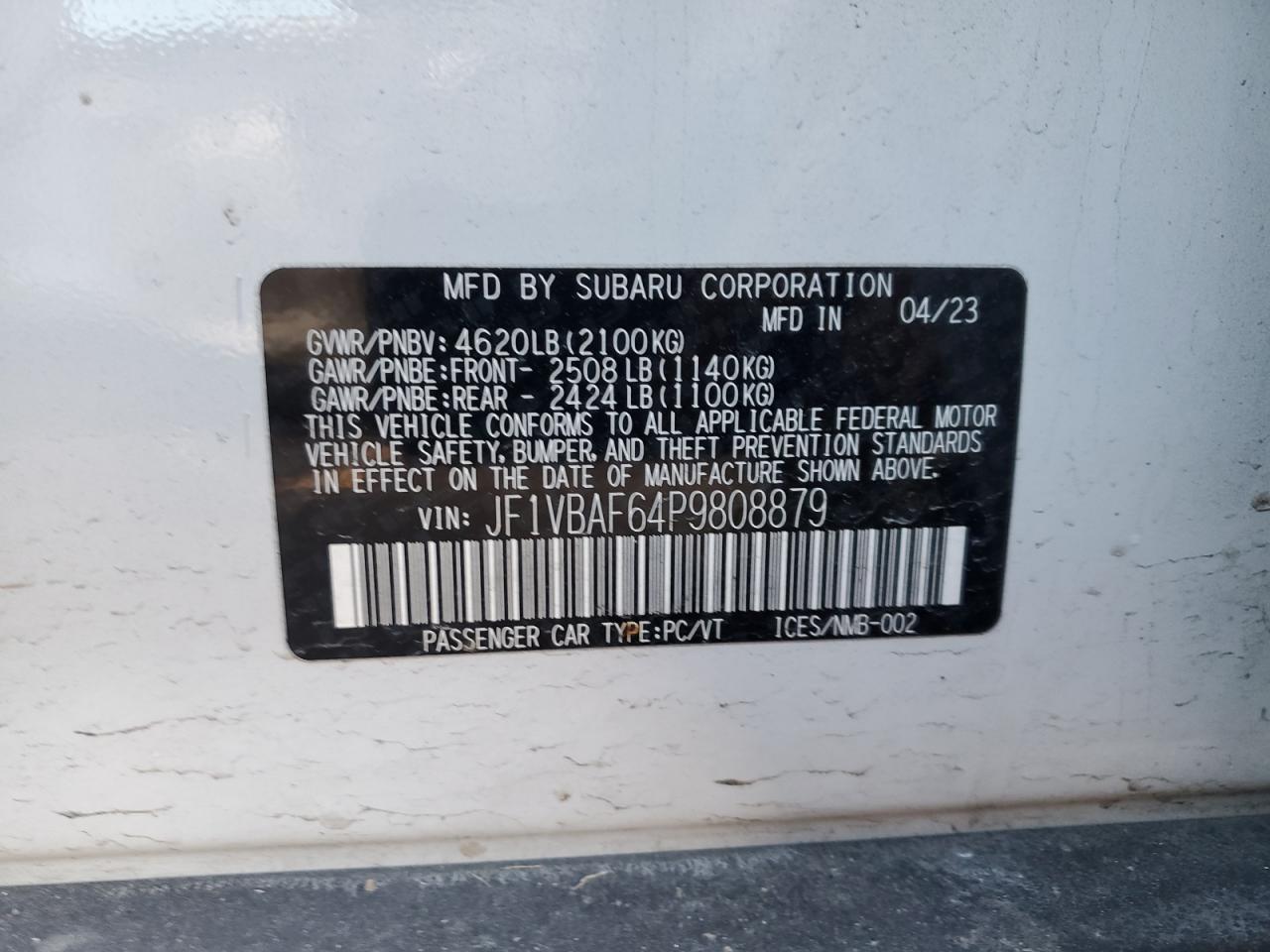 2023 SUBARU WRX PREMIUM VIN:JF1VBAF64P9808879