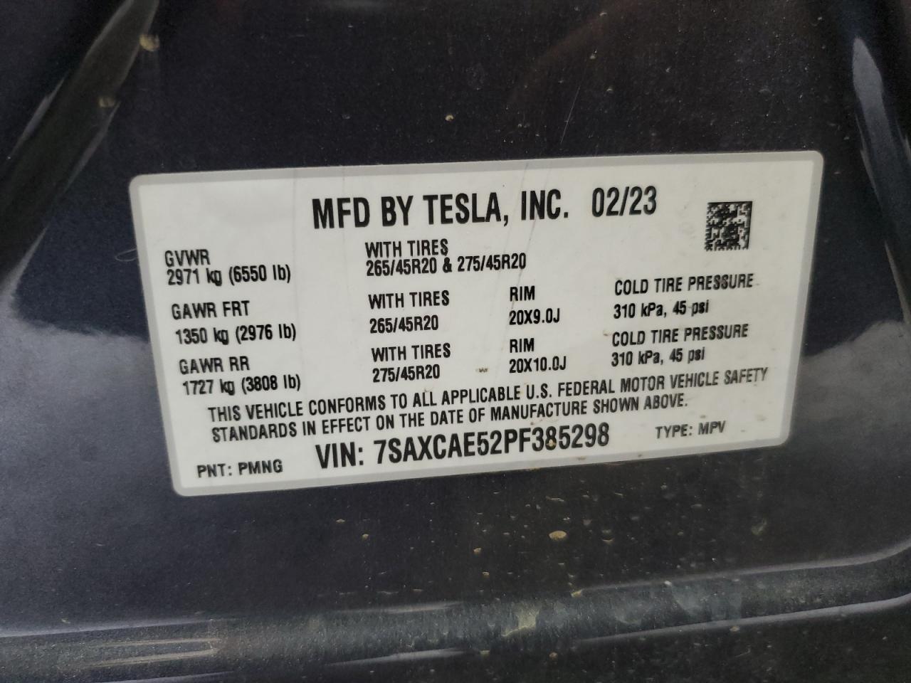 2023 TESLA MODEL X VIN:7SAXCAE52PF385298