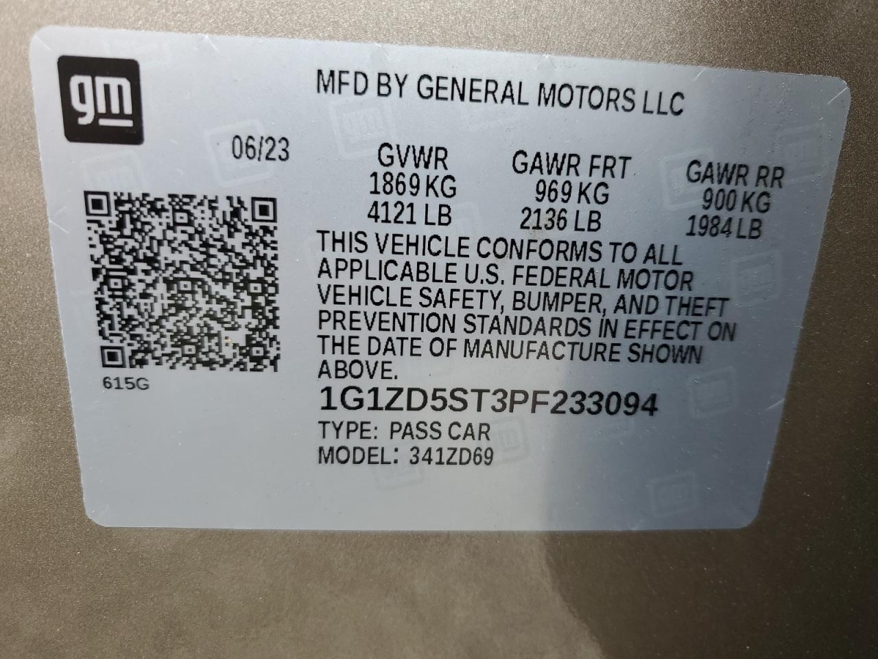 2023 CHEVROLET MALIBU LT VIN:1G1ZD5ST3PF233094