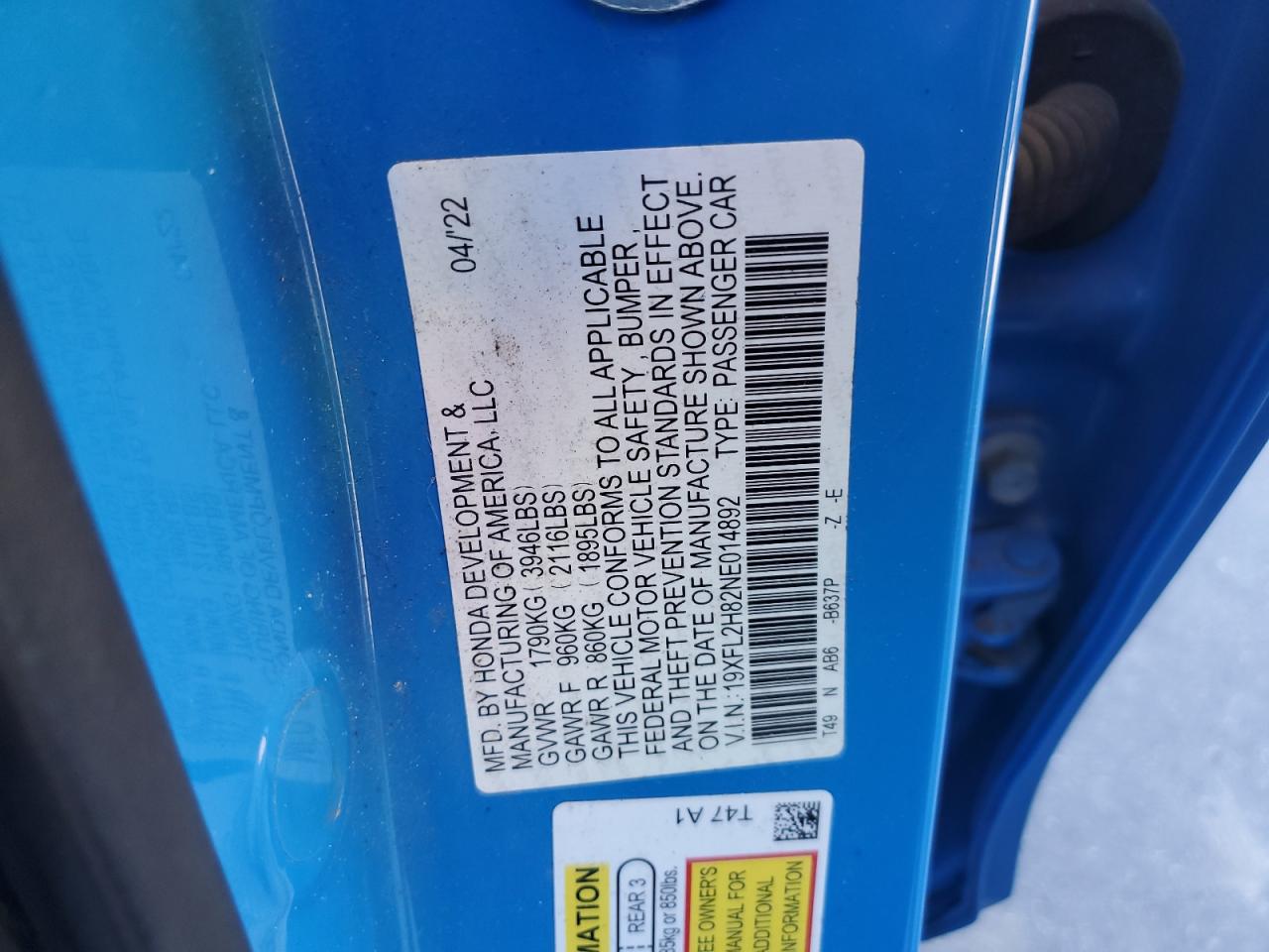 2022 HONDA CIVIC SPORT VIN:19XFL2H82NE014892