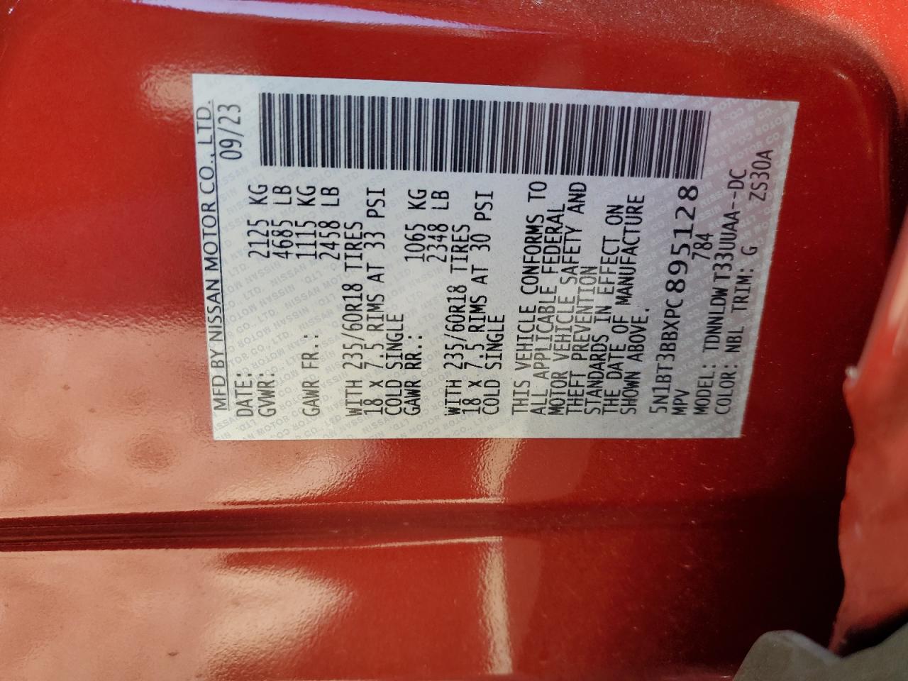 2023 NISSAN ROGUE SV VIN:5N1BT3BBXPC895128