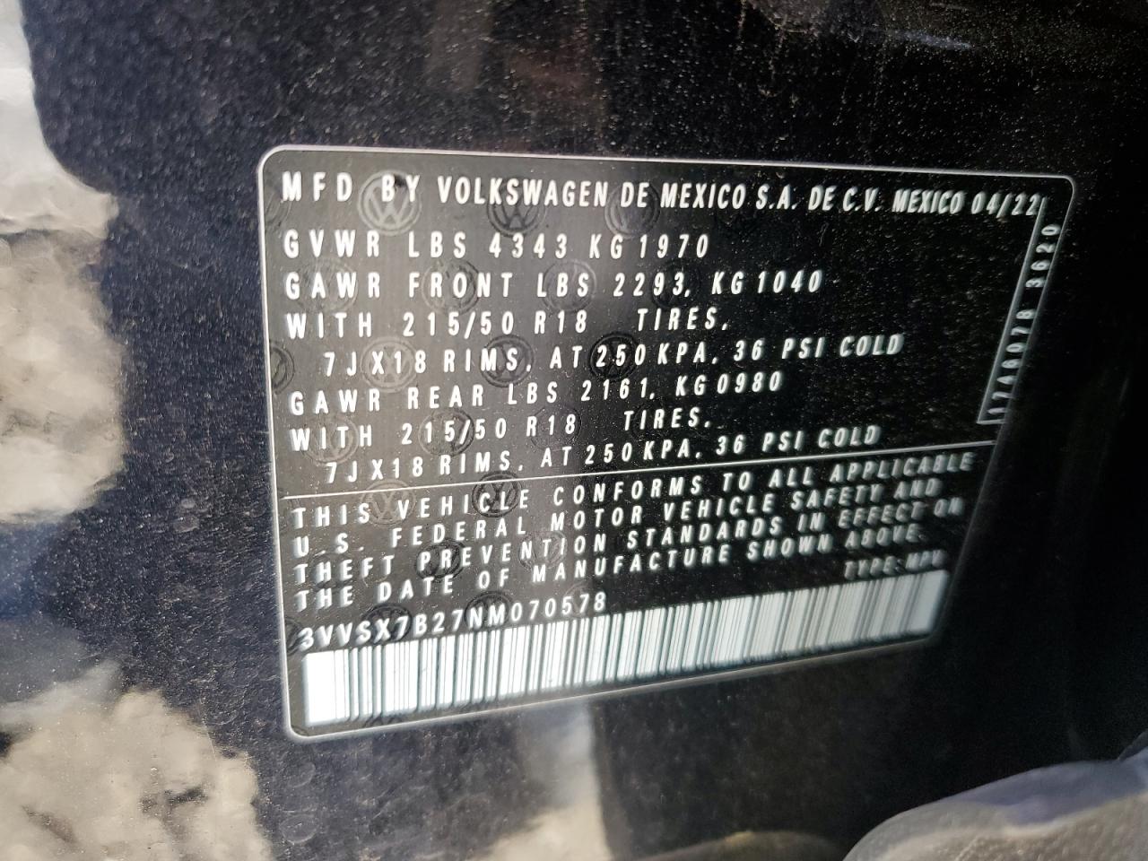 2022 VOLKSWAGEN TAOS SE VIN:3VVSX7B27NM070578