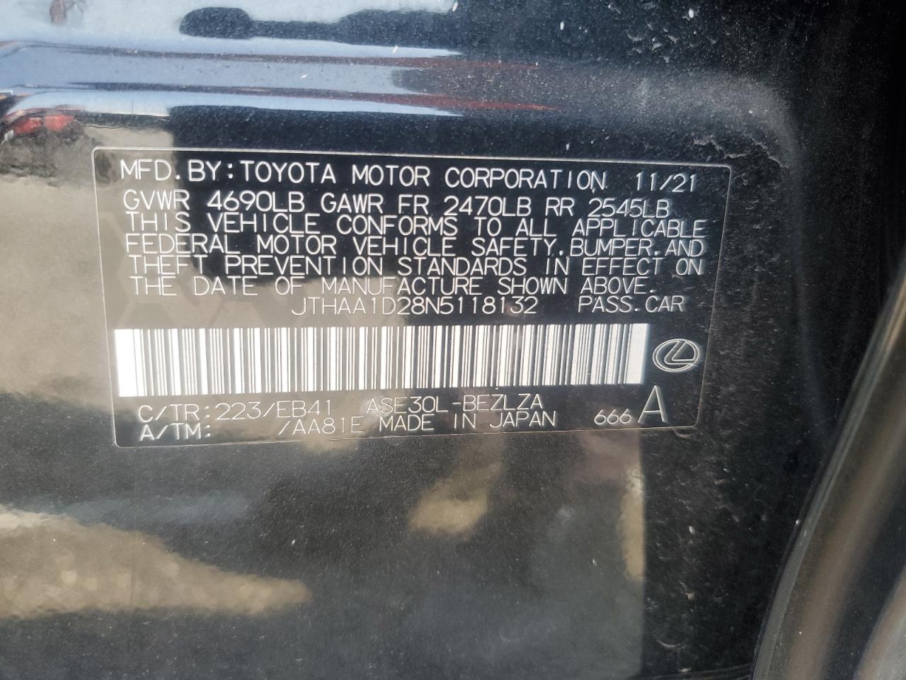 2022 LEXUS IS 300 VIN:JTHAA1D28N5118132