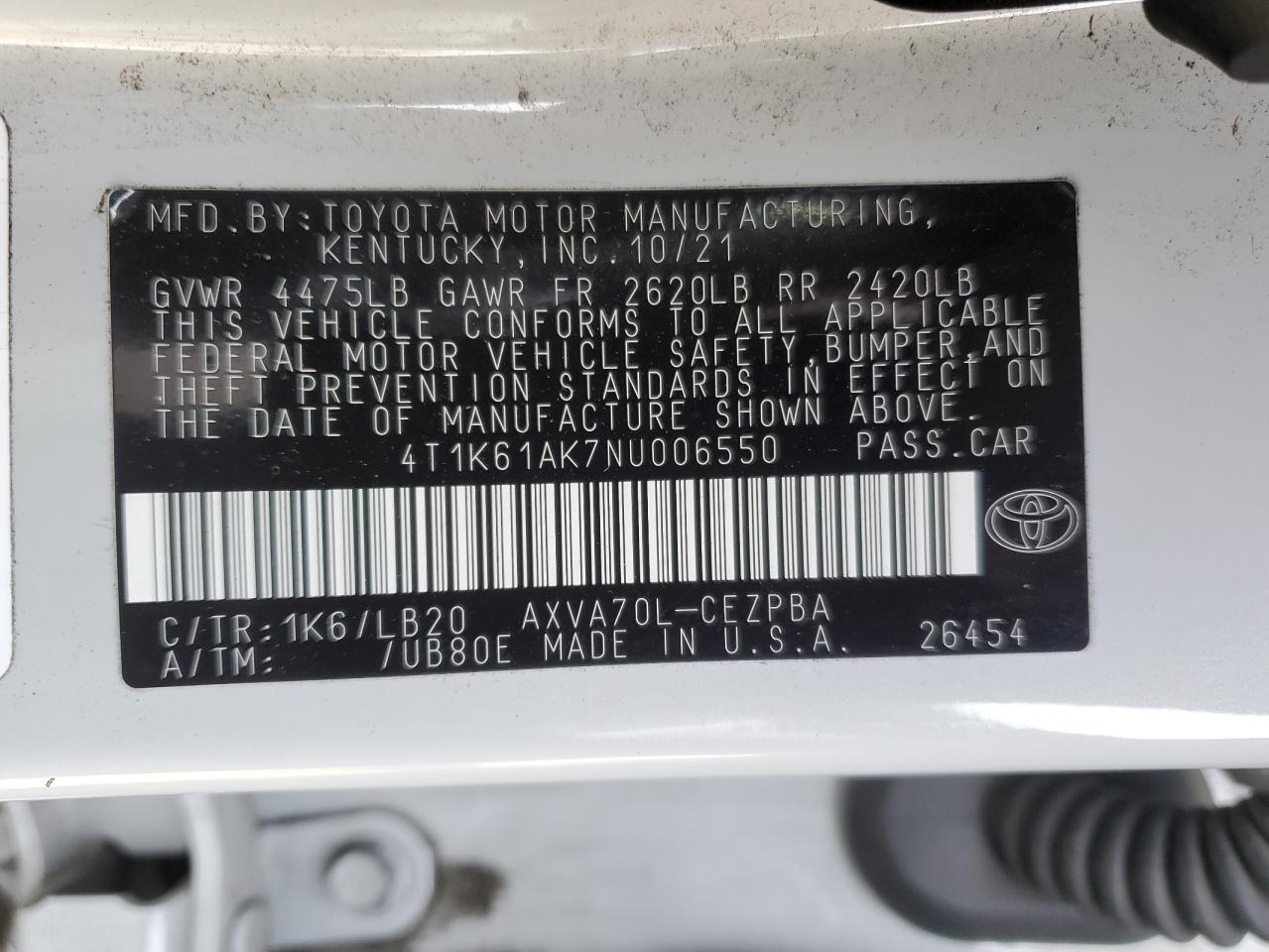 2022 TOYOTA CAMRY XSE VIN:4T1K61AK7NU006550