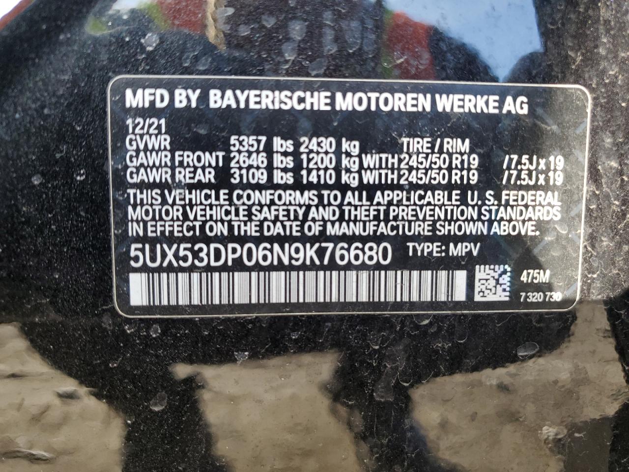 2022 BMW X3 XDRIVE30I VIN:5UX53DP06N9K76680