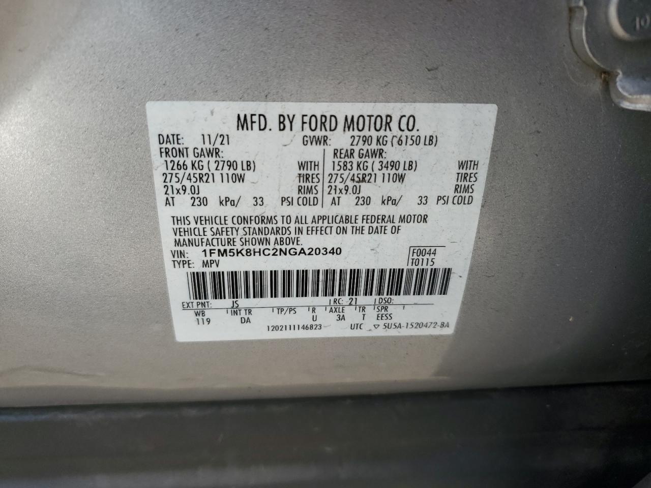 2022 FORD EXPLORER PLATINUM VIN:1FM5K8HC2NGA20340