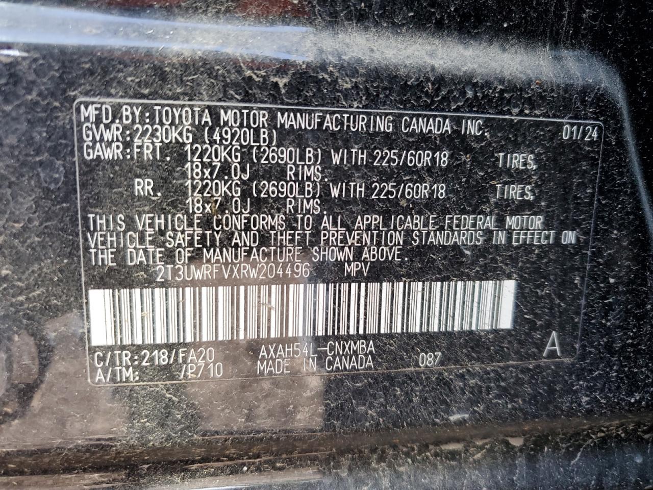 2024 TOYOTA RAV4 WOODLAND EDITION VIN:2T3UWRFVXRW204496