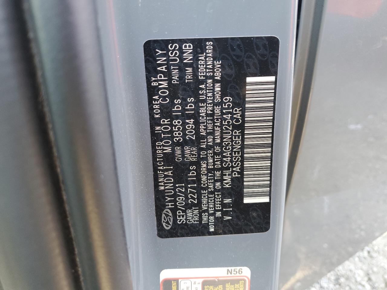 2022 HYUNDAI ELANTRA SEL VIN:KMHLS4AG3NU254159