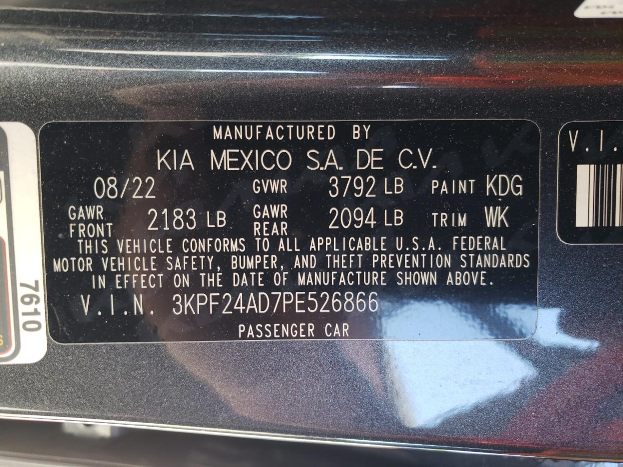 2023 KIA FORTE LX VIN:3KPF24AD7PE526866