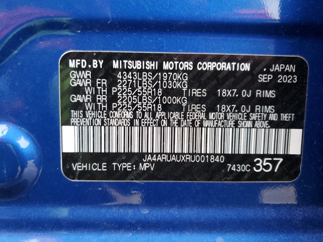 2024 MITSUBISHI OUTLANDER SPORT S/SE VIN:JA4ARUAUXRU001840