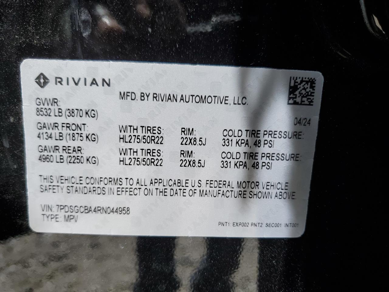 2024 RIVIAN R1S ADVENTURE VIN:7PDSGCBA4RN044958