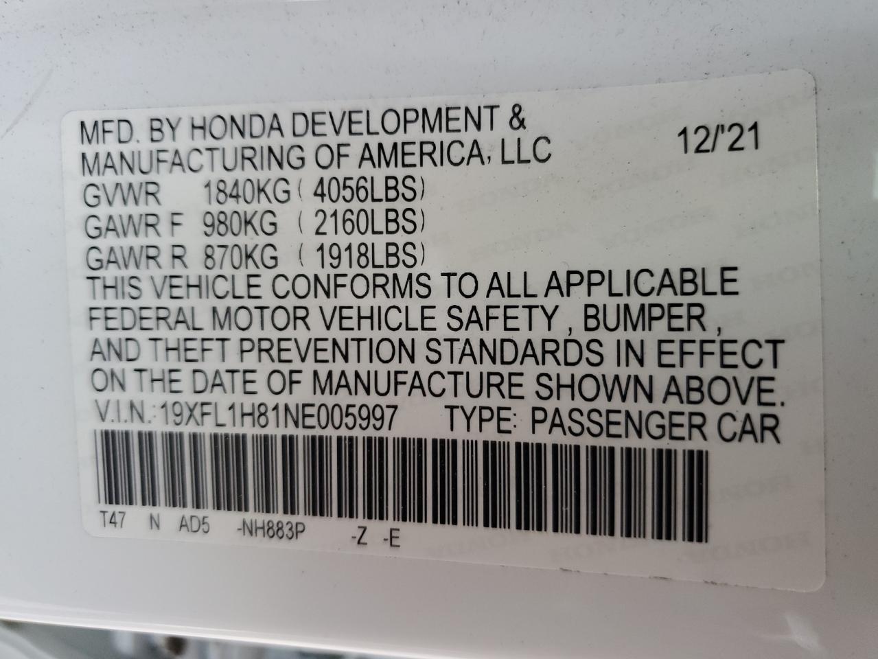 2022 HONDA CIVIC SPORT TOURING VIN:19XFL1H81NE005997