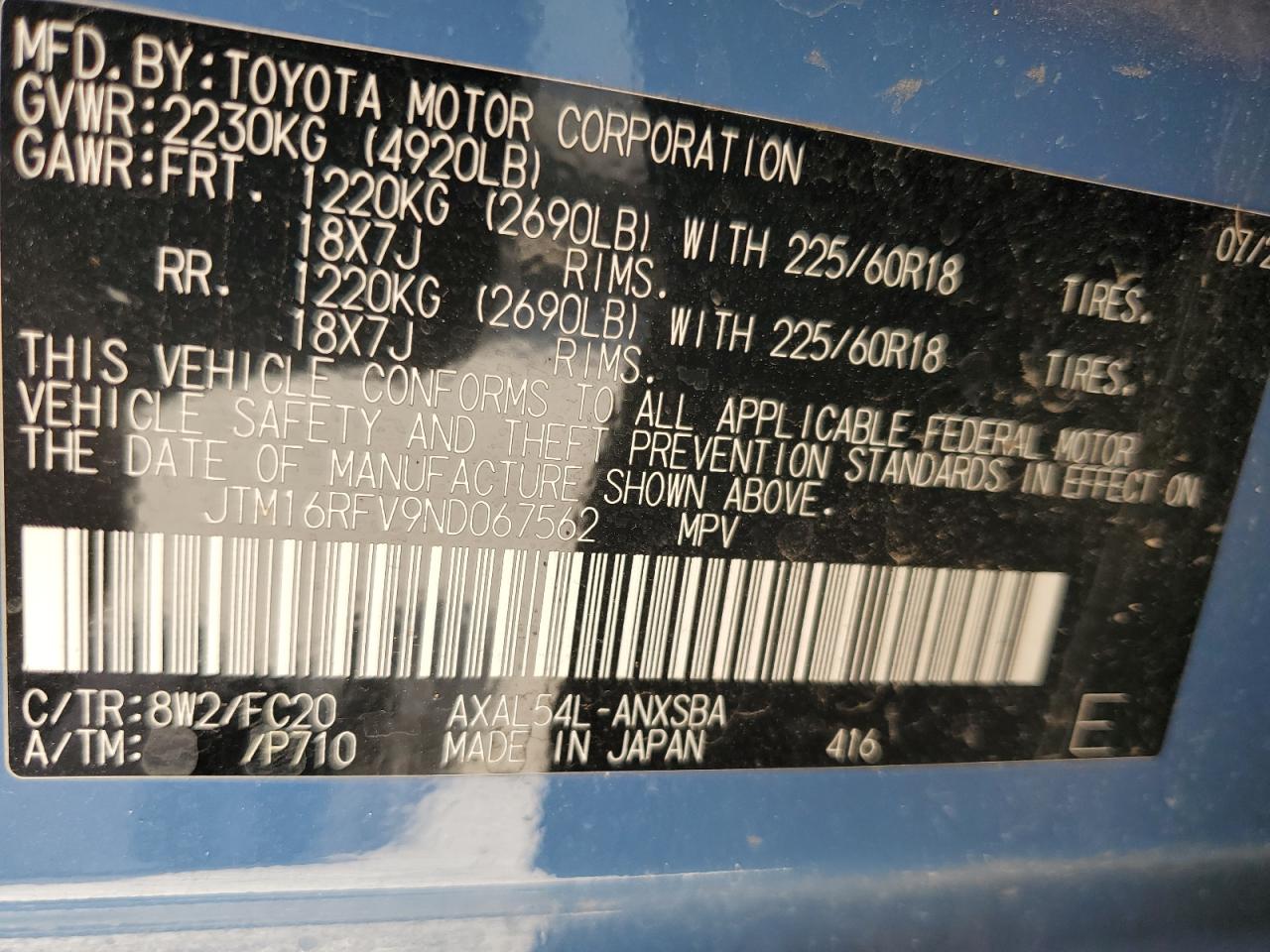 2022 TOYOTA RAV4 SE VIN:JTM16RFV9ND067562