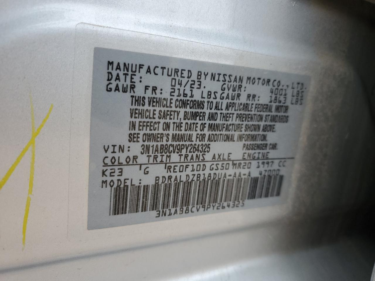 2023 NISSAN SENTRA SV VIN:3N1AB8CV9PY264325