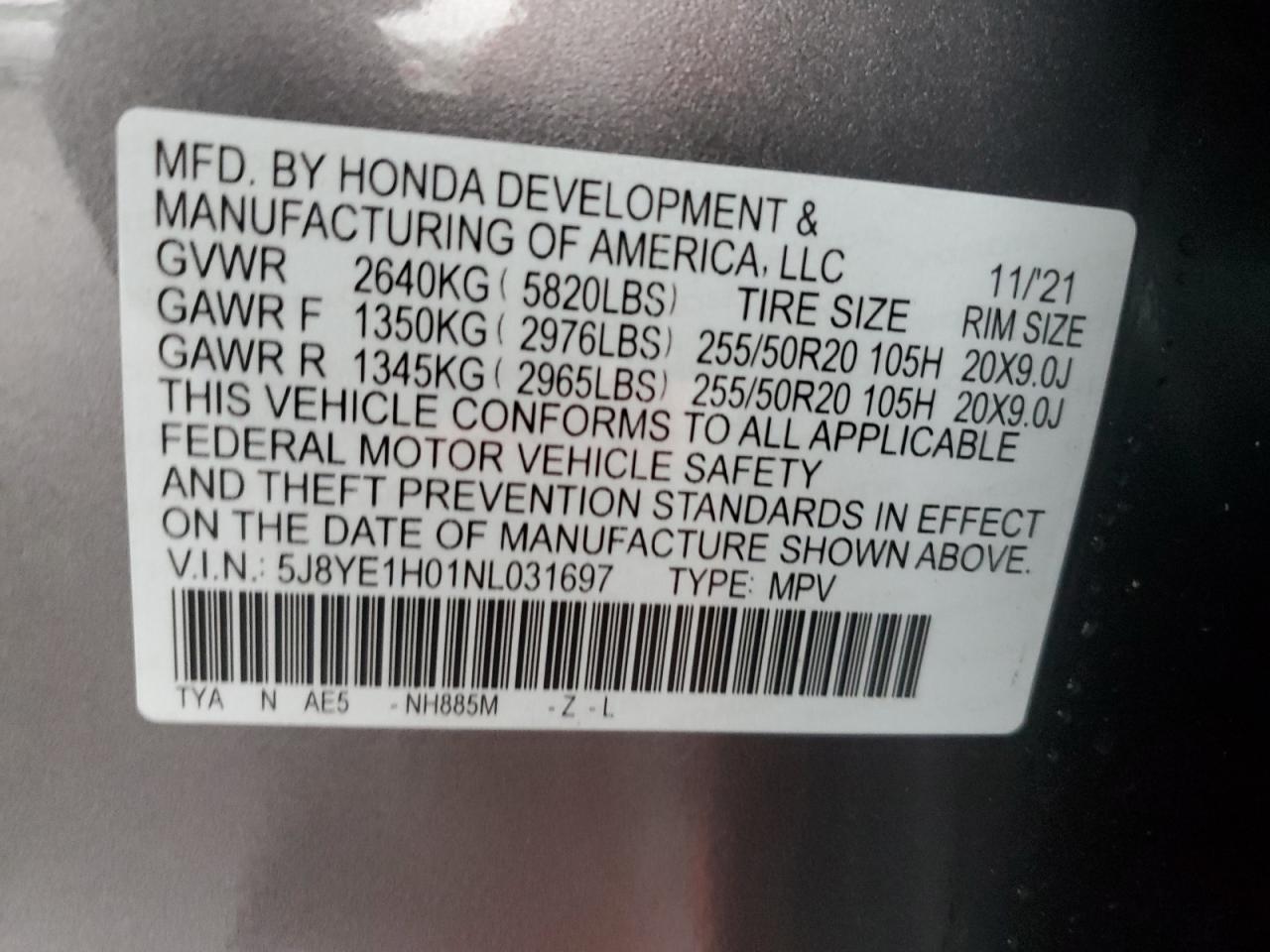 2022 ACURA MDX A-SPEC VIN:5J8YE1H01NL031697