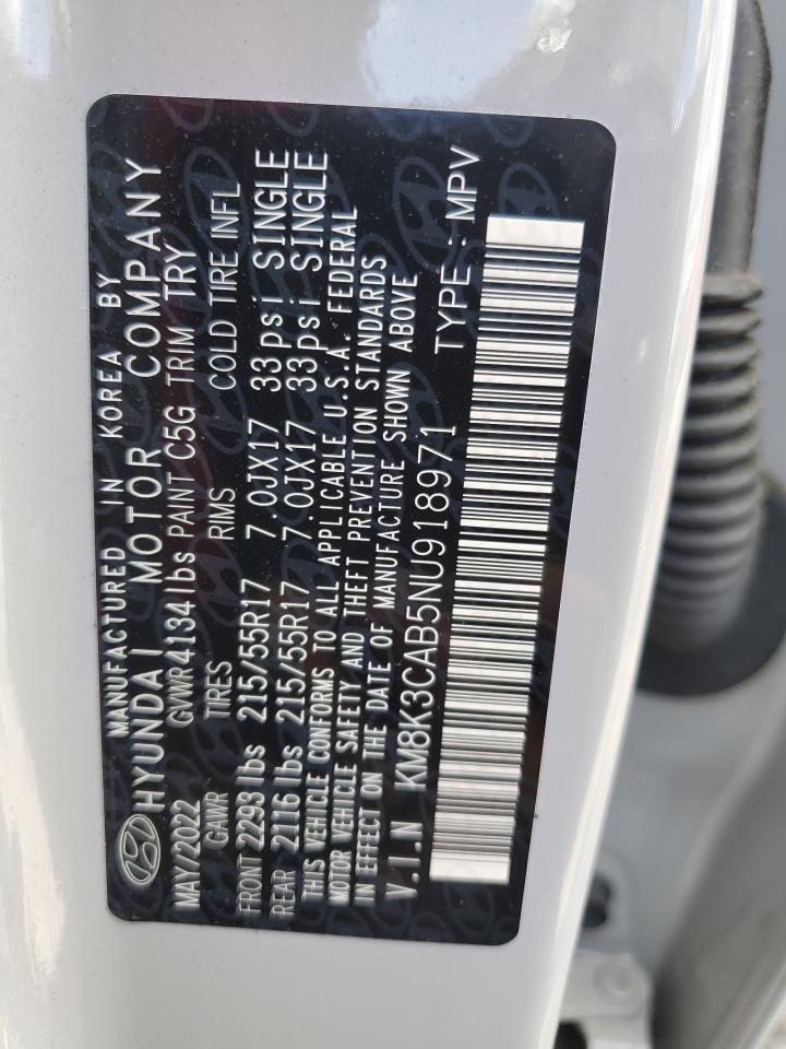 2022 HYUNDAI KONA SEL VIN:KM8K3CAB5NU918971