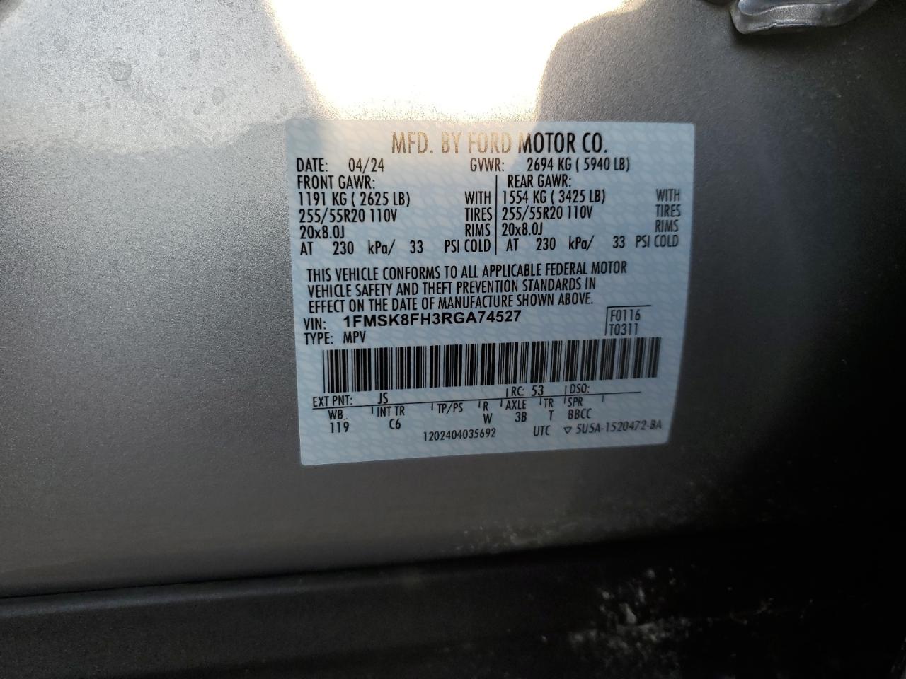 2024 FORD EXPLORER LIMITED VIN:1FMSK8FH3RGA74527