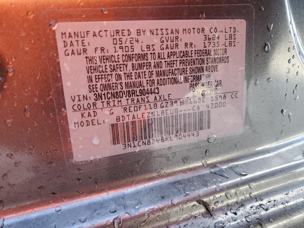 2024 NISSAN VERSA S VIN:3N1CN8DV8RL904443