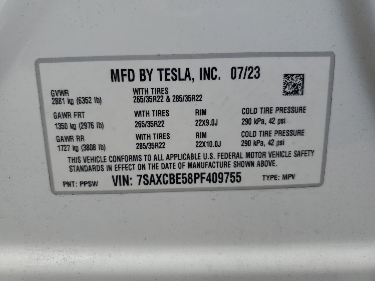 2023 TESLA MODEL X VIN:7SAXCBE58PF409755