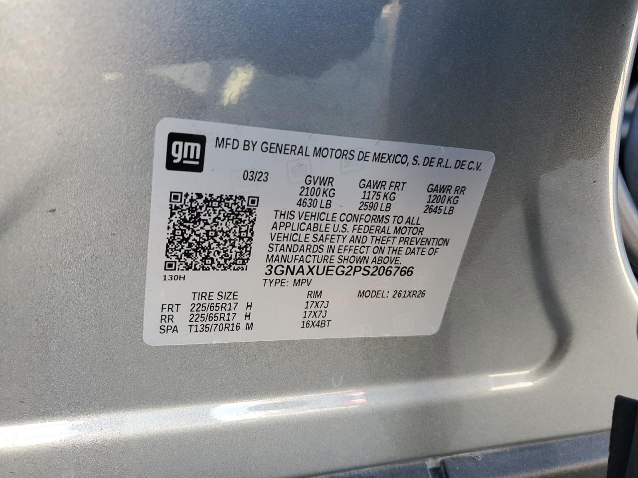 2023 CHEVROLET EQUINOX LT VIN:3GNAXUEG2PS206766