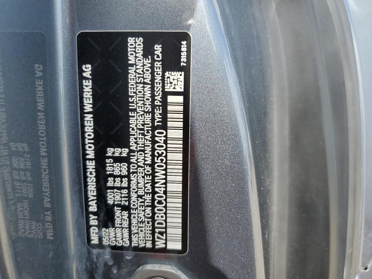 2022 TOYOTA SUPRA BASE VIN:WZ1DB0C04NW053040