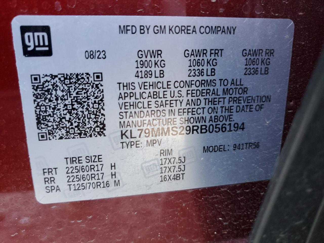 2024 CHEVROLET TRAILBLAZER LS VIN:KL79MMS29RB056194