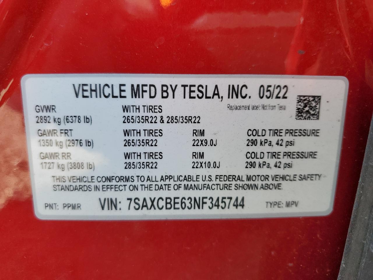 2022 TESLA MODEL X VIN:7SAXCBE63NF345744