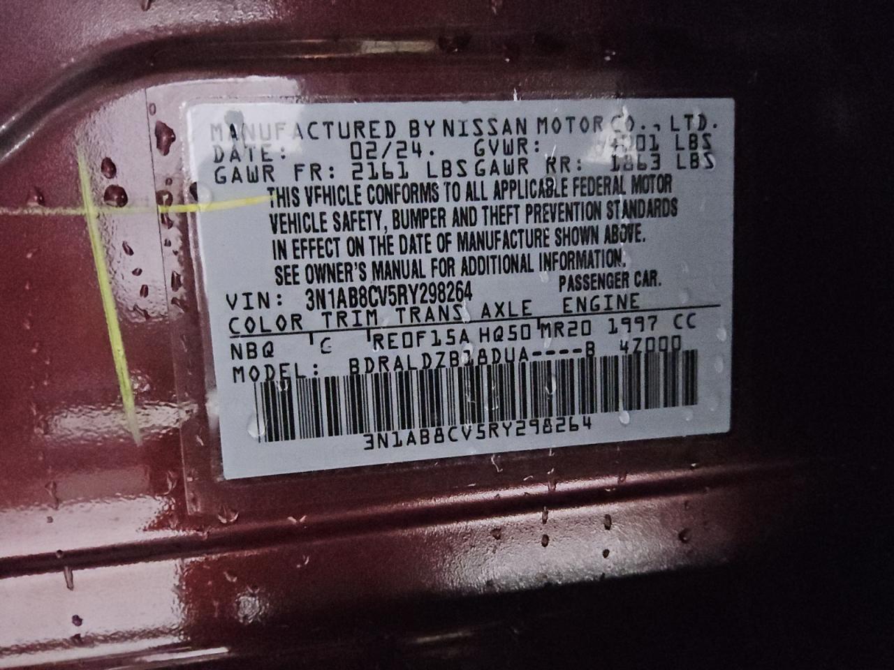 2024 NISSAN SENTRA SV VIN:3N1AB8CV5RY298264