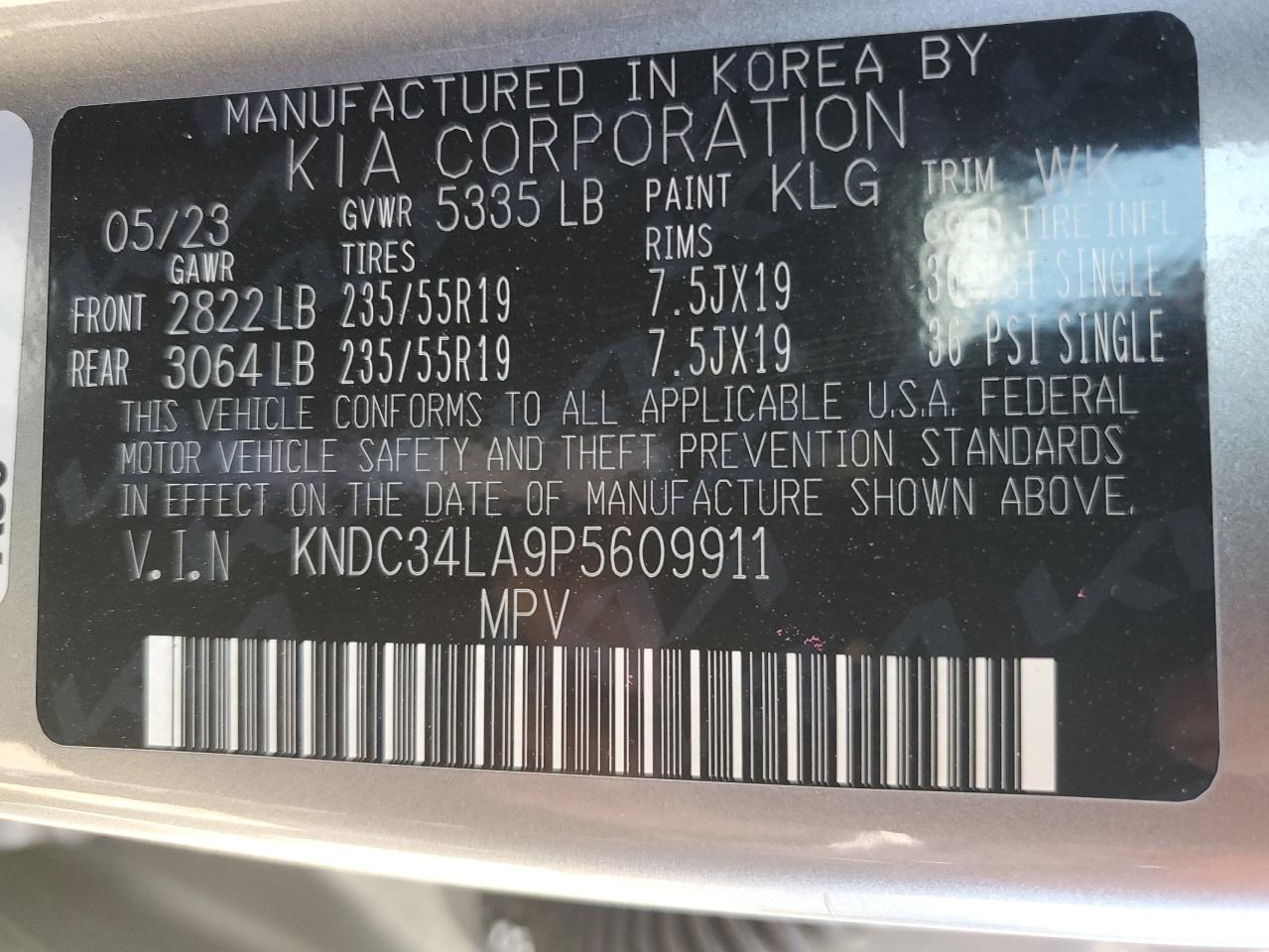 2023 KIA EV6 LIGHT VIN:KNDC34LA9P5609911