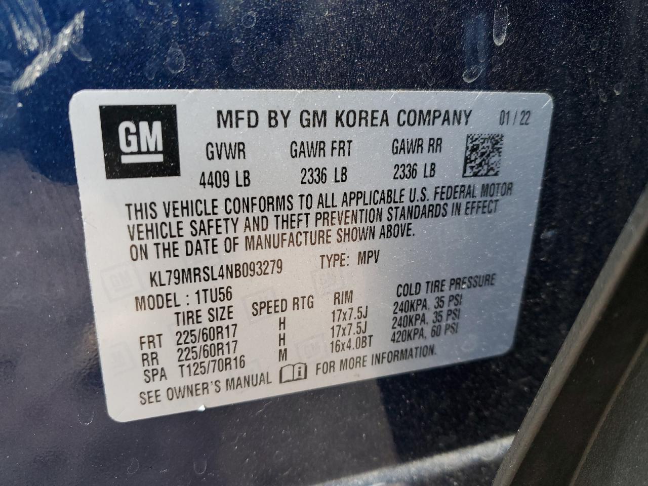 2022 CHEVROLET TRAILBLAZER LT VIN:KL79MRSL4NB093279