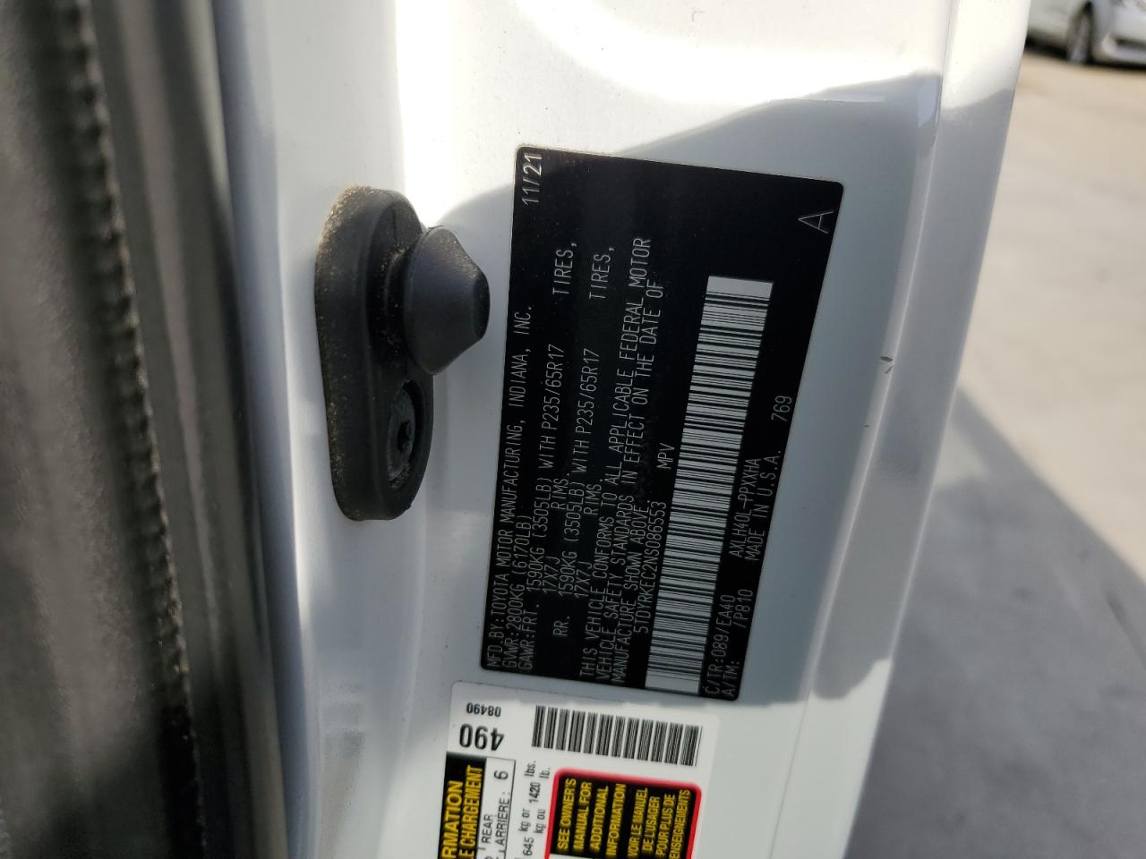 2022 TOYOTA SIENNA XLE VIN:5TDYRKEC2NS086553