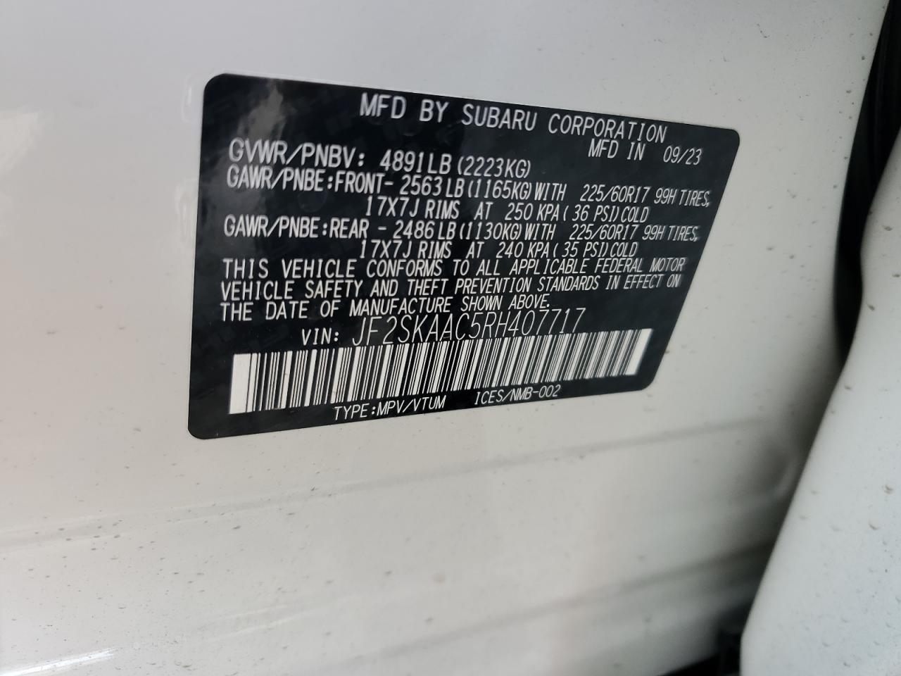 2024 SUBARU FORESTER VIN:JF2SKAAC5RH407717